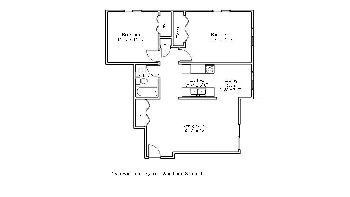 Floor plan for 2 beds, 1 bath, 855 sqft